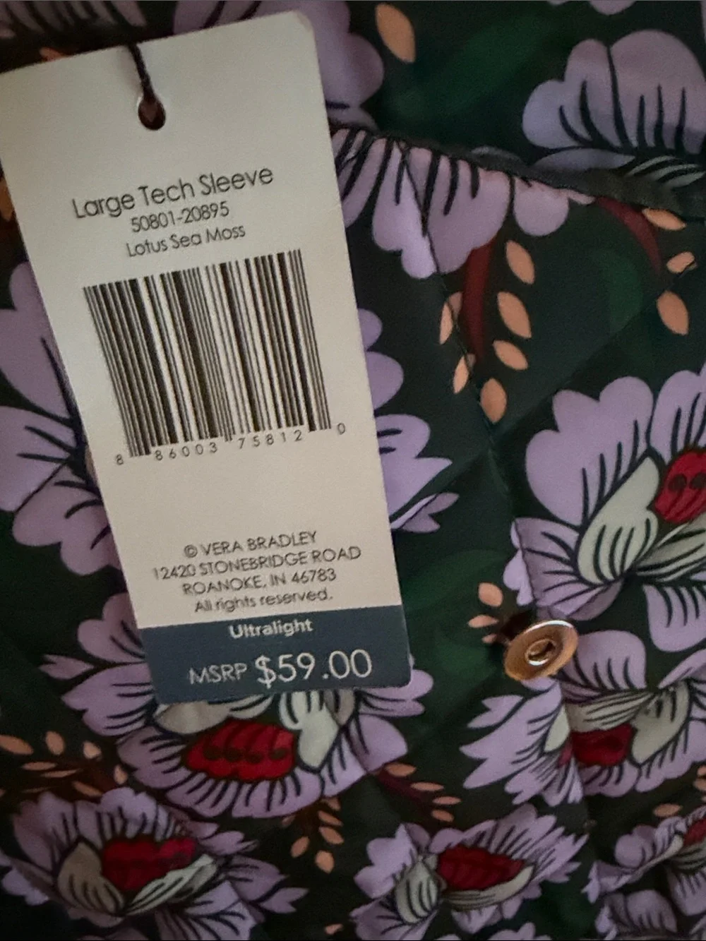 Vera Bradley Green Floral Quilted Laptop Sleeve with Pink & Red Accents
